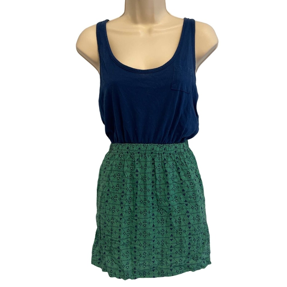 Kiva Navy Blue Tank Green‎ Geometric Print Skirt Casual Dress with Pockets Small